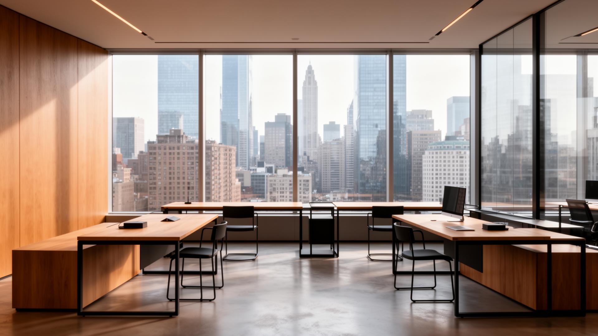 Modern technology workspace overlooking the city